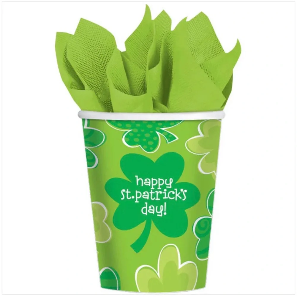 NWT (18) Disposable Green 9 Oz. Cups Shamrock Design St. Patrick’s Day Party
